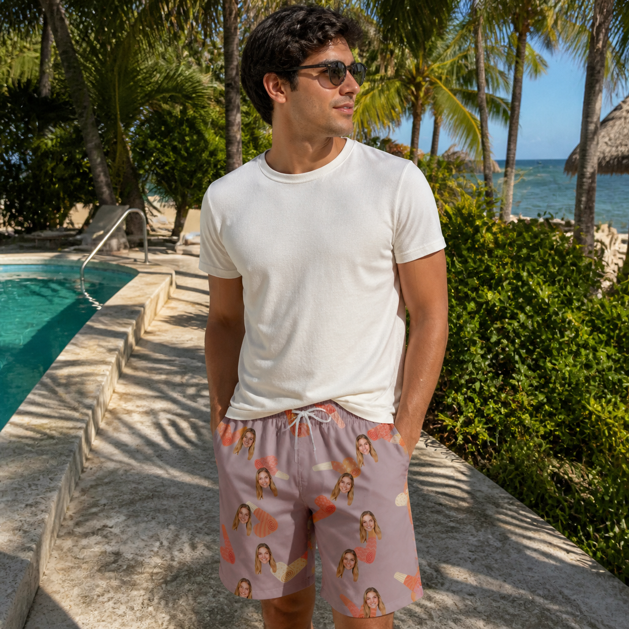 Real-life photo of someone wearing Men's Toot Suite Custom Face Beach Shorts — custom faces printed all-over