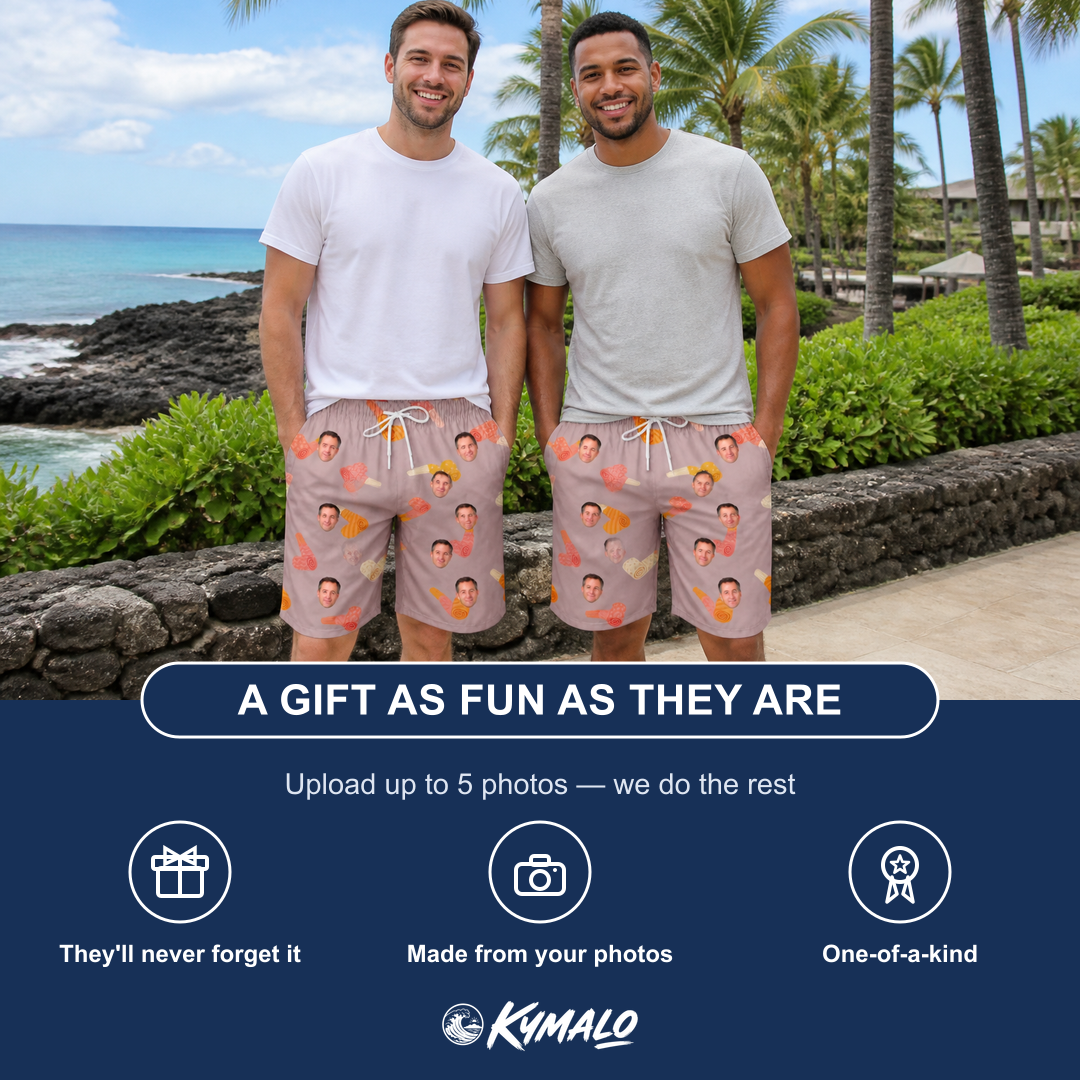 Friends in matching Men's Toot Suite Custom Face Beach Shorts — a group gift photo