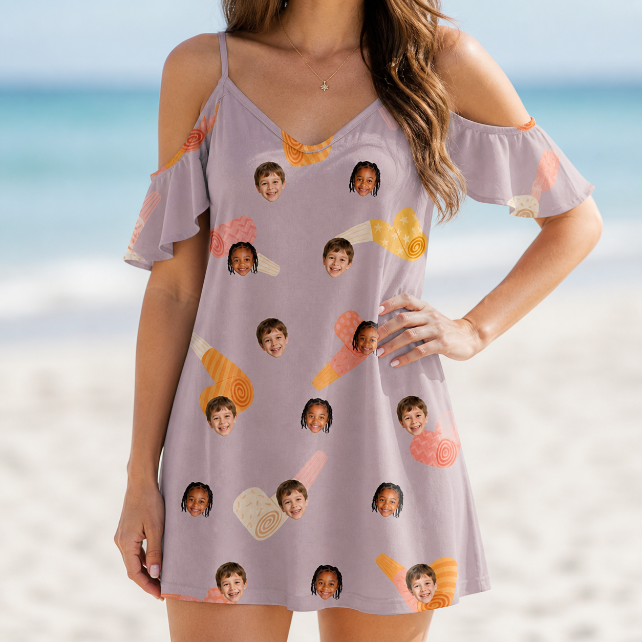Model wearing Women's Toot Suite Custom Face Off-Shoulder Dress printed with kids' faces