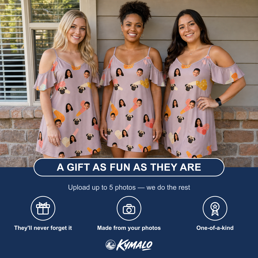 Friends in matching Women's Toot Suite Custom Face Off-Shoulder Dress — a group gift photo