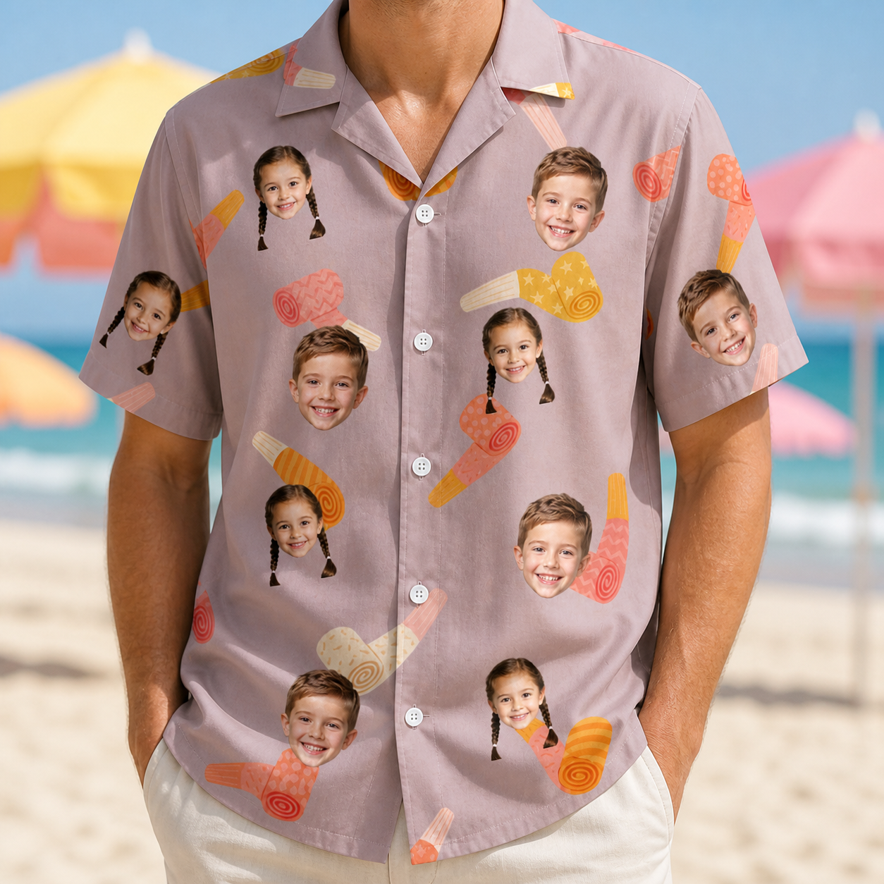 Model wearing Men's Toot Suite Custom Face Hawaiian Shirt printed with kids' faces