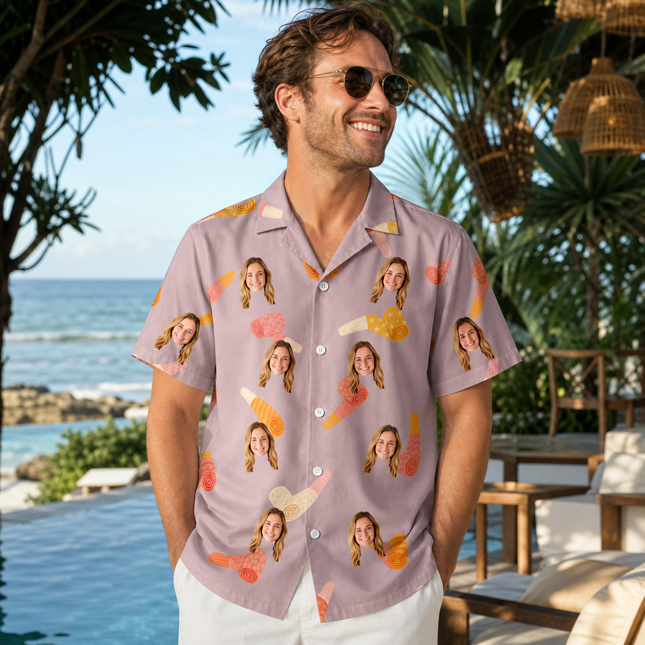 Real-life photo of someone wearing Men's Toot Suite Custom Face Hawaiian Shirt — custom faces printed all-over