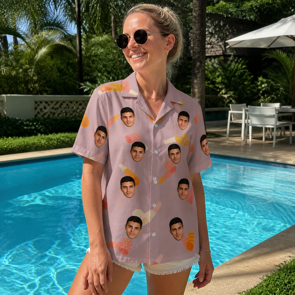 Real-life photo of someone wearing Women's Toot Suite Custom Face Hawaiian Shirt — custom faces printed all-over