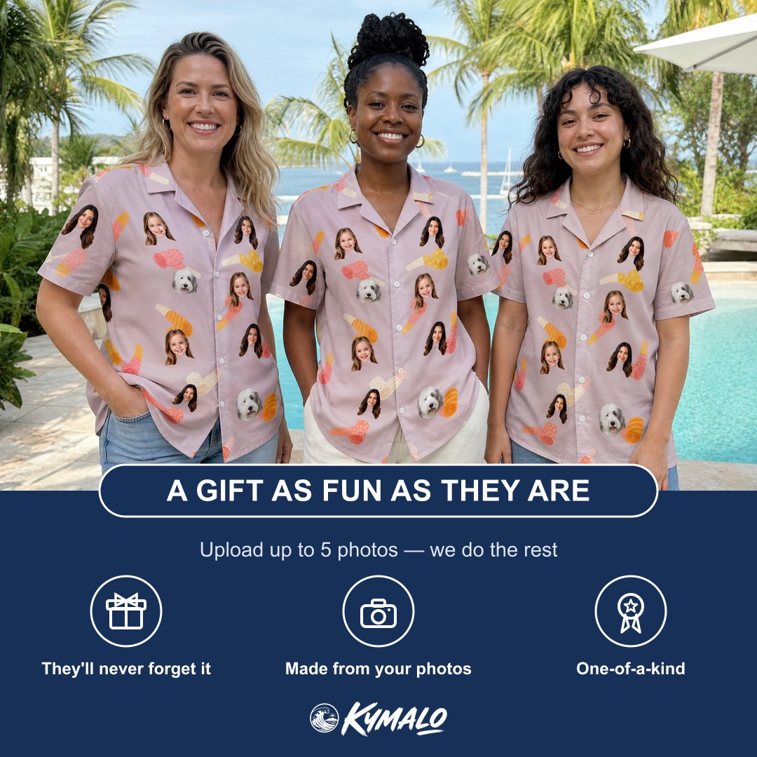 Friends in matching Women's Toot Suite Custom Face Hawaiian Shirt — a group gift photo