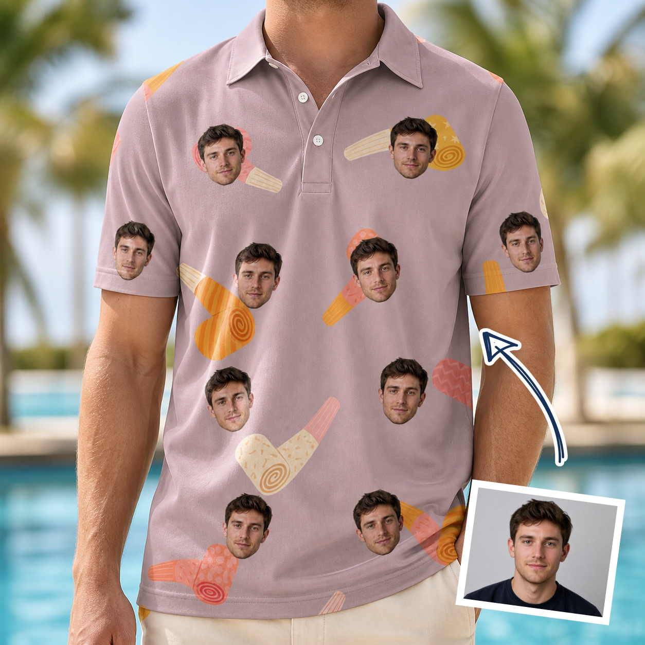 Man wearing Men's Toot Suite Custom Face Polo Shirt — custom faces printed all-over
