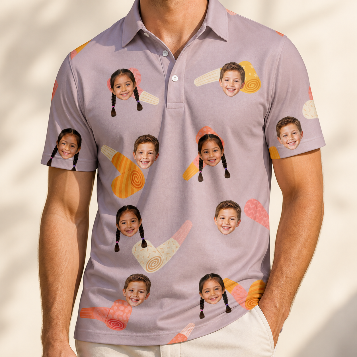Model wearing Men's Toot Suite Custom Face Polo Shirt printed with kids' faces