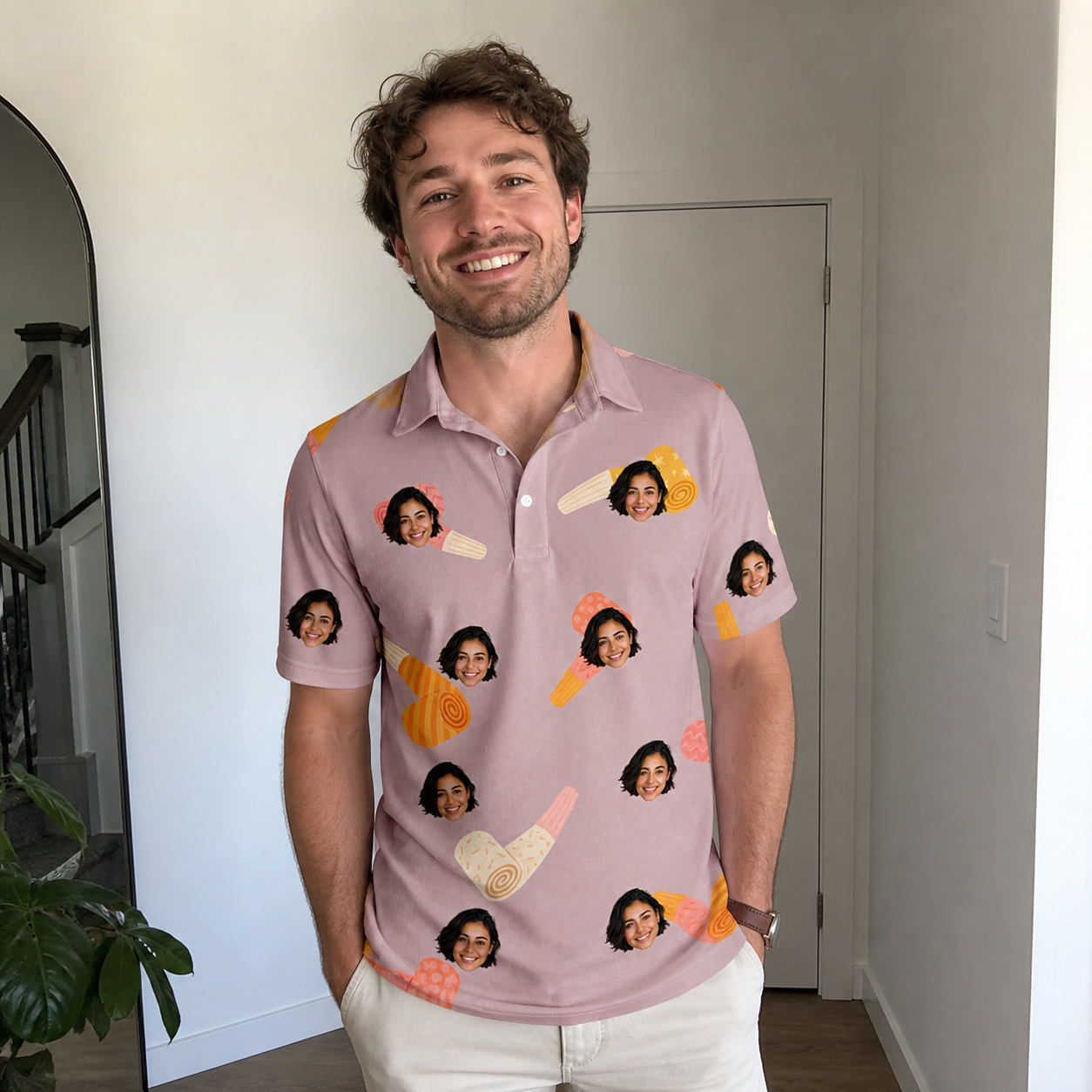 Real-life photo of someone wearing Men's Toot Suite Custom Face Polo Shirt — custom faces printed all-over