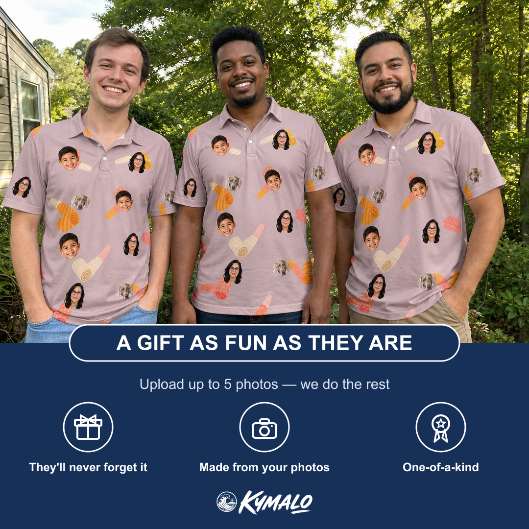 Friends in matching Men's Toot Suite Custom Face Polo Shirt — a group gift photo