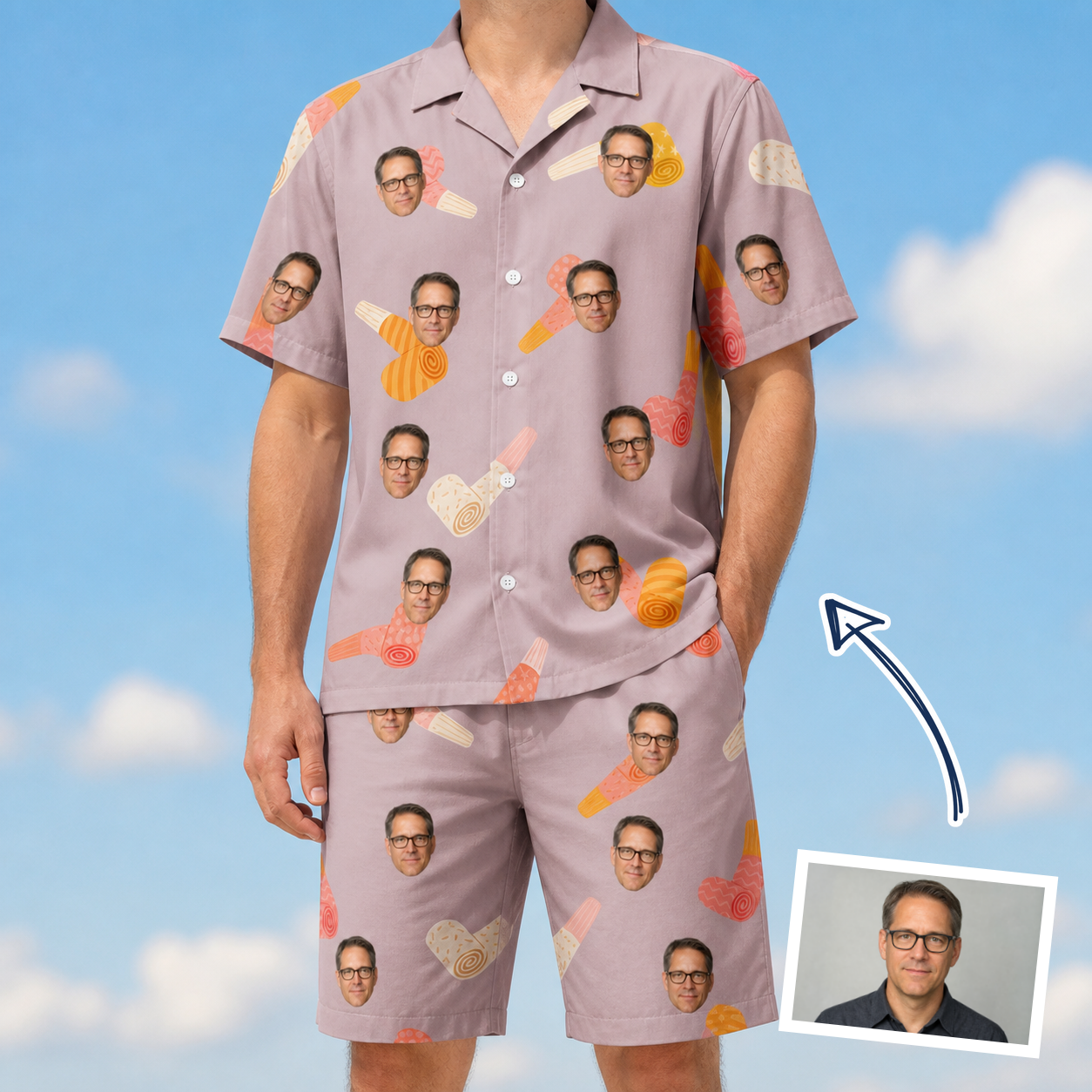 Man wearing Men's Toot Suite Custom Face Shirt & Shorts Set — custom faces printed all-over