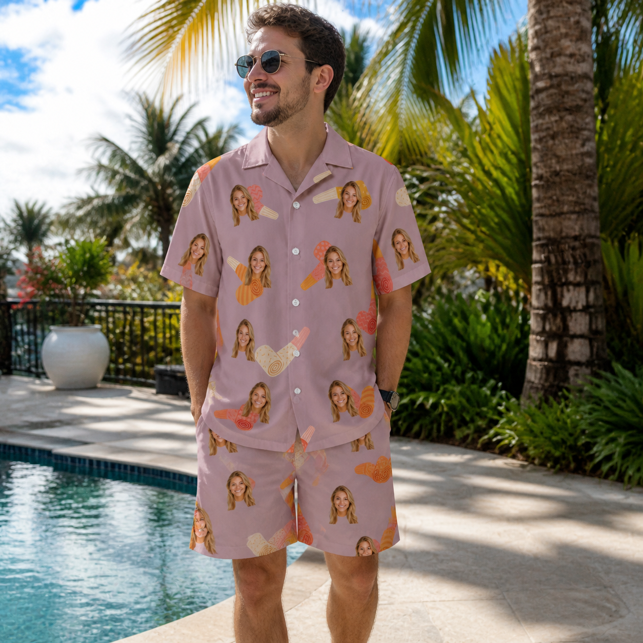Real-life photo of someone wearing Men's Toot Suite Custom Face Shirt & Shorts Set — custom faces printed all-over