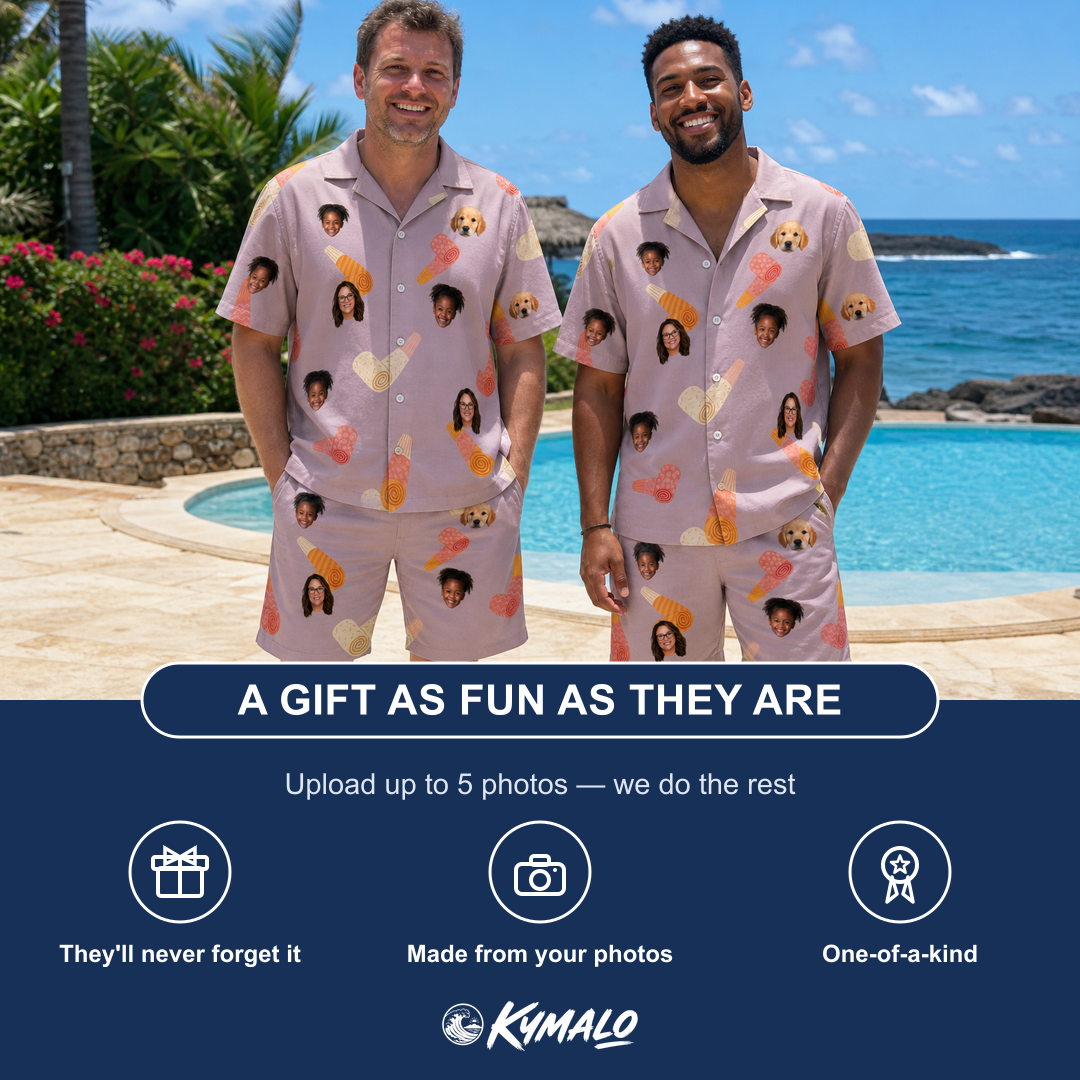 Friends in matching Men's Toot Suite Custom Face Shirt & Shorts Set — a group gift photo