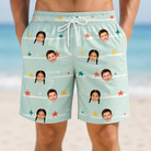 Model wearing Men's Birthday Bling Custom Face Beach Shorts printed with kids' faces