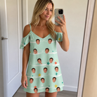 Real-life photo of someone wearing Women's Birthday Bling Custom Face Off-Shoulder Dress — custom faces printed all-over