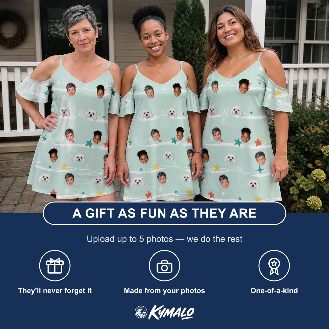 Friends in matching Women's Birthday Bling Custom Face Off-Shoulder Dress — a group gift photo