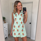 Real-life photo of someone wearing Women's Birthday Bling Custom Face V-Neck Dress — custom faces printed all-over