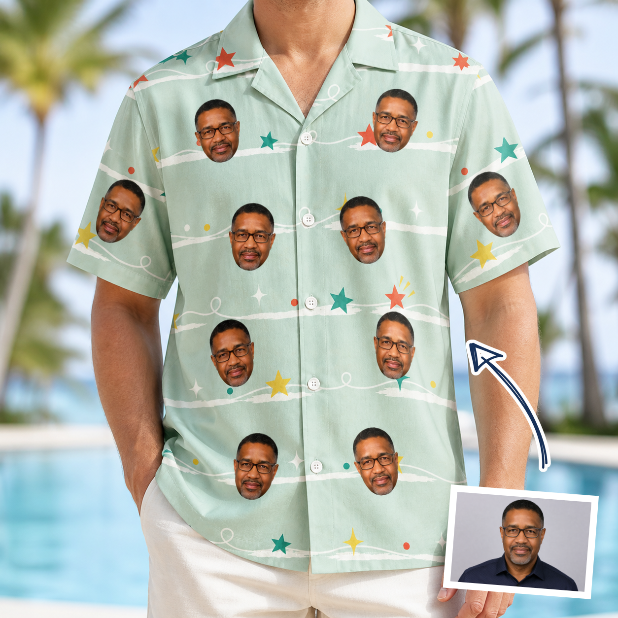 Man wearing Men's Birthday Bling Custom Face Hawaiian Shirt — custom faces printed all-over