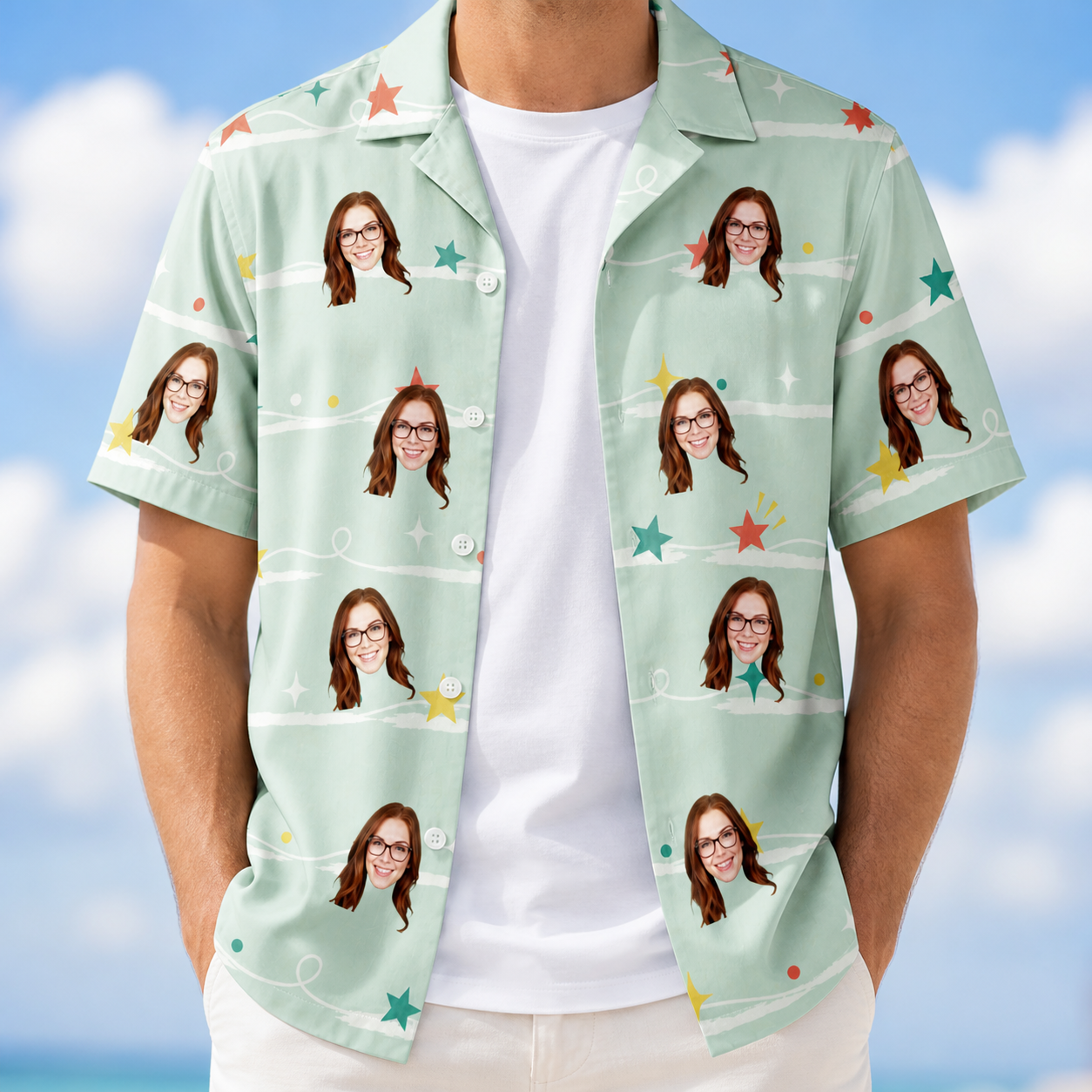 Man wearing Men's Birthday Bling Custom Face Hawaiian Shirt open over a white tee