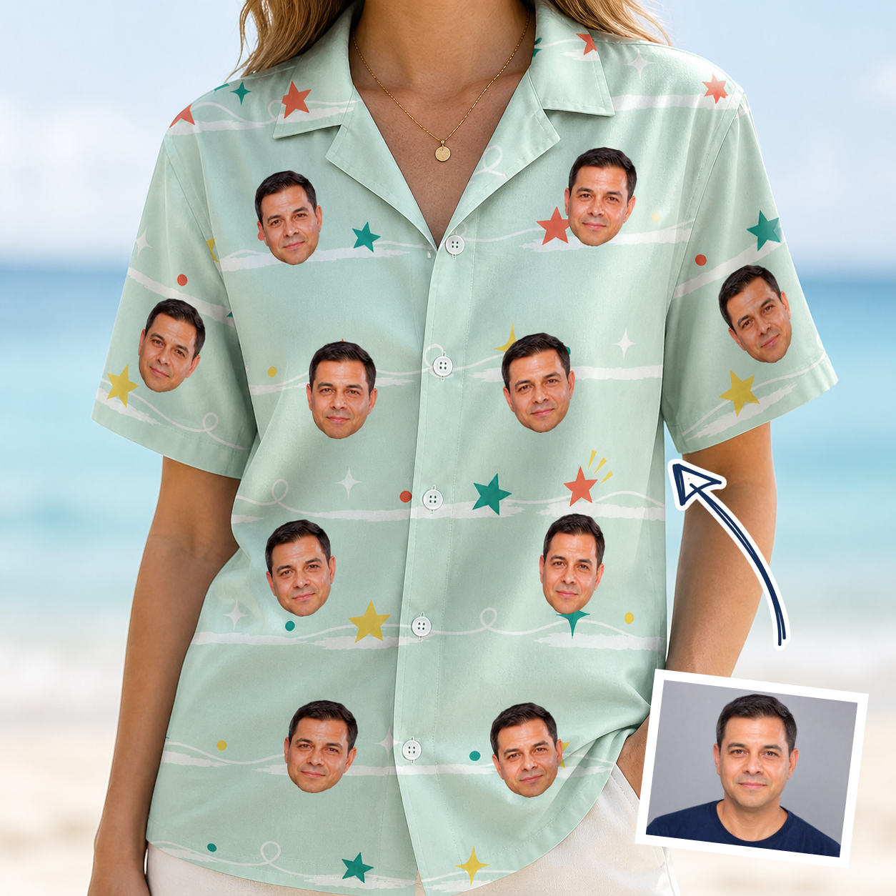Woman wearing Women's Birthday Bling Custom Face Hawaiian Shirt — custom faces printed all-over