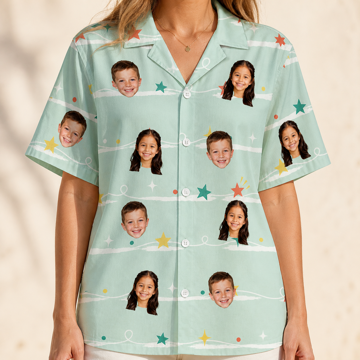 Model wearing Women's Birthday Bling Custom Face Hawaiian Shirt printed with kids' faces