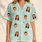 Model wearing Women's Birthday Bling Custom Face Hawaiian Shirt printed with kids' faces