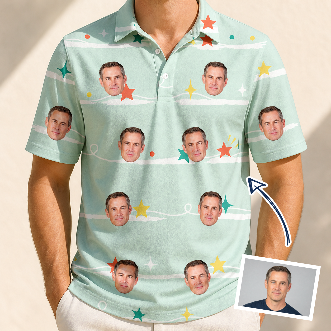 Man wearing Men's Birthday Bling Custom Face Polo Shirt — custom faces printed all-over