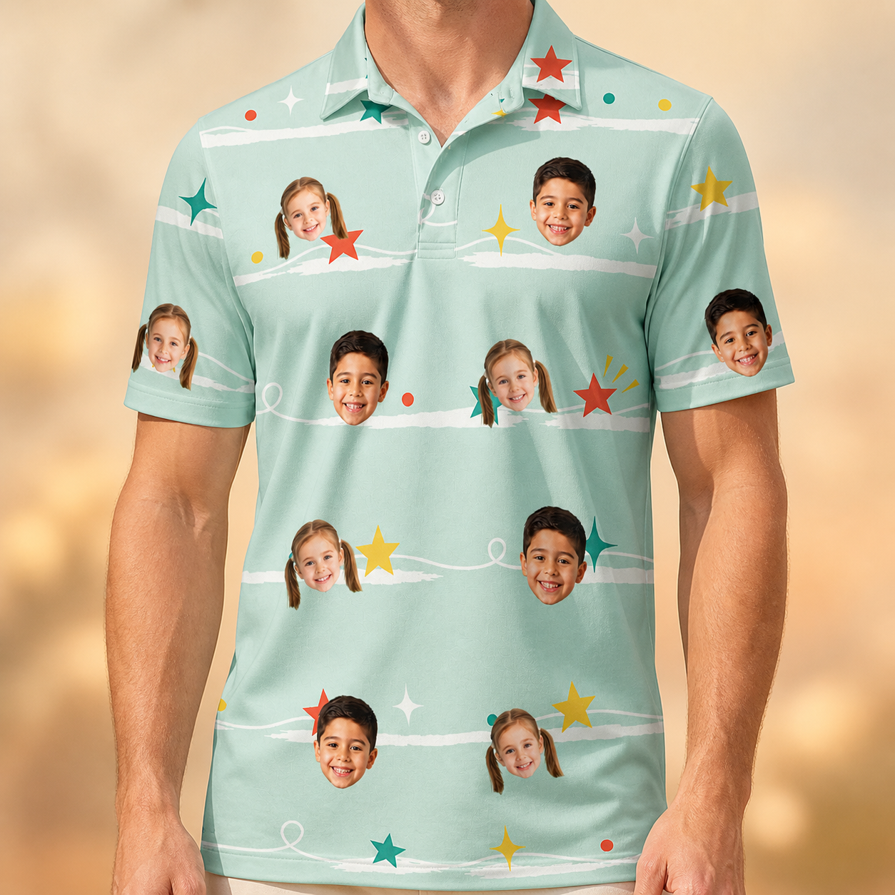 Model wearing Men's Birthday Bling Custom Face Polo Shirt printed with kids' faces