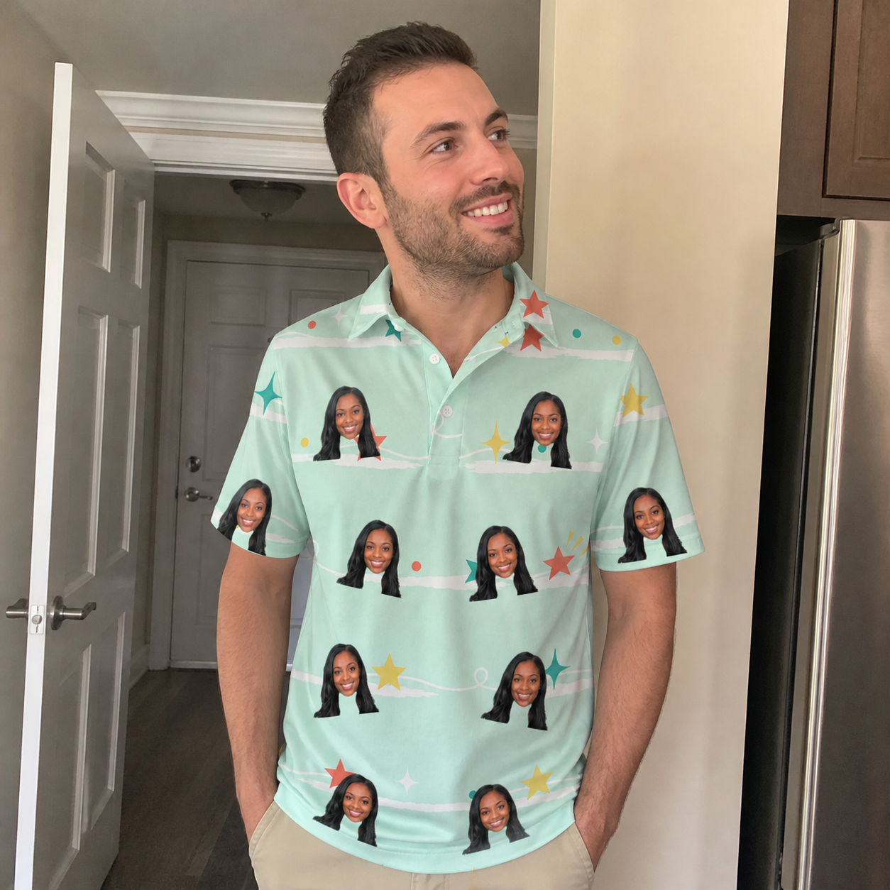 Real-life photo of someone wearing Men's Birthday Bling Custom Face Polo Shirt — custom faces printed all-over
