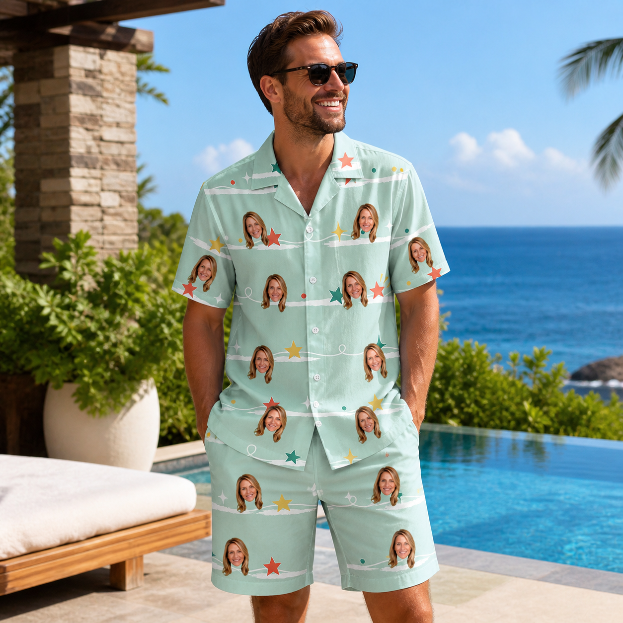 Real-life photo of someone wearing Men's Birthday Bling Custom Face Shirt & Shorts Set — custom faces printed all-over
