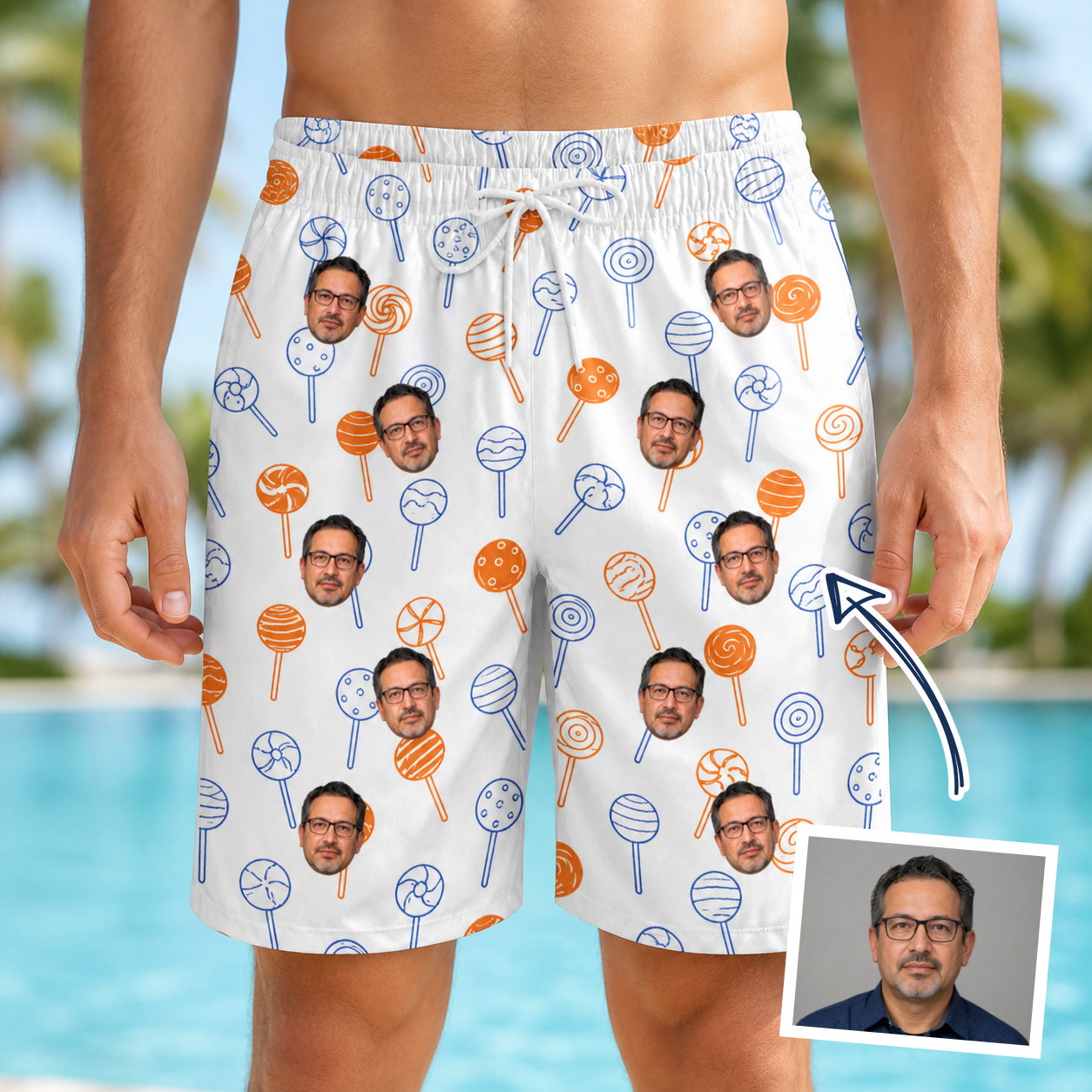 Man wearing Men's Taffy Twirl Custom Face Beach Shorts — custom faces printed all-over