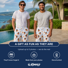 Friends in matching Men's Taffy Twirl Custom Face Beach Shorts — a group gift photo