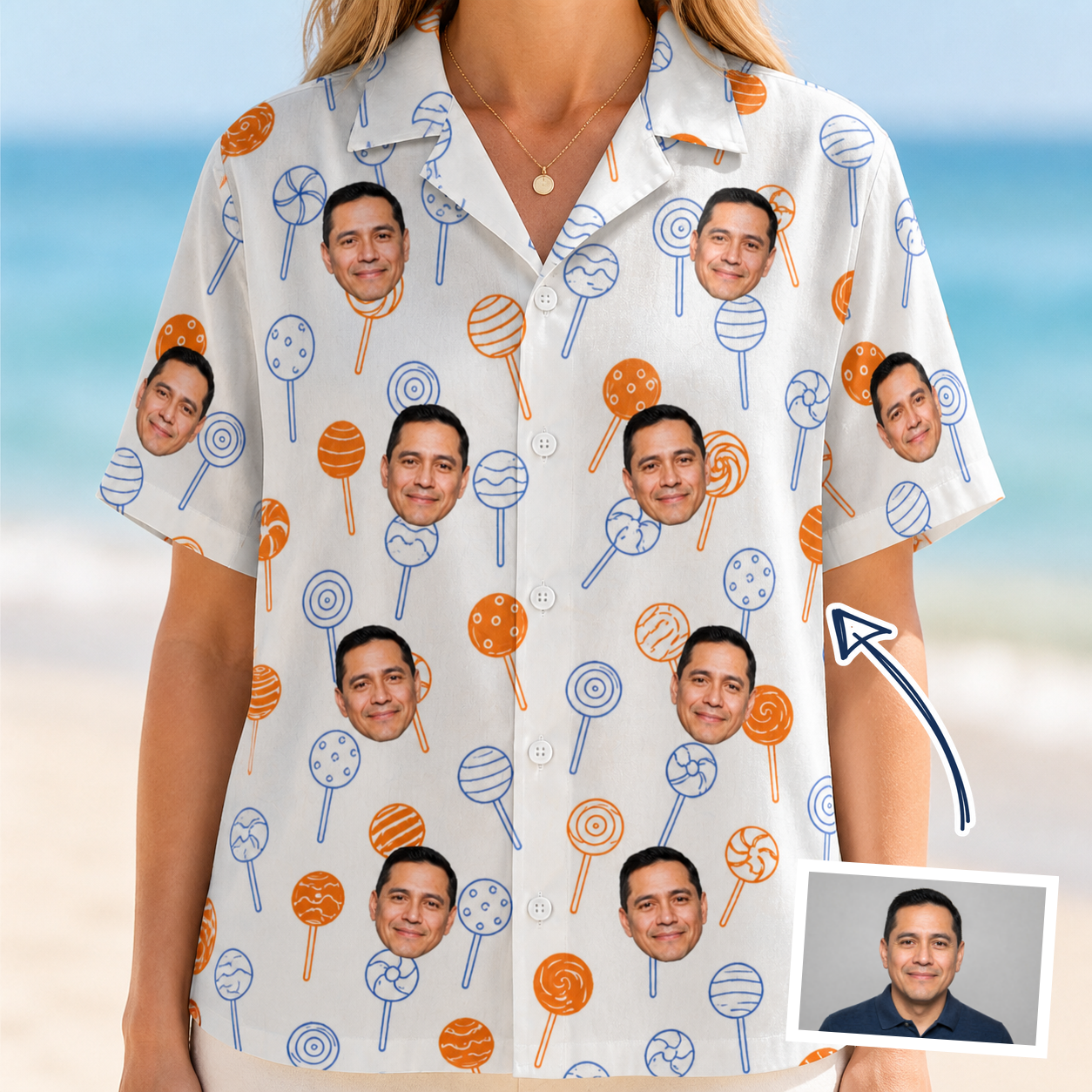 Woman wearing Women's Taffy Twirl Custom Face Hawaiian Shirt — custom faces printed all-over