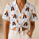 Woman wearing Women's Taffy Twirl Custom Face Hawaiian Shirt tied at the waist