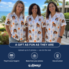 Friends in matching Women's Taffy Twirl Custom Face Hawaiian Shirt — a group gift photo
