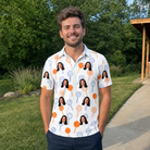 Real-life photo of someone wearing Men's Taffy Twirl Custom Face Polo Shirt — custom faces printed all-over