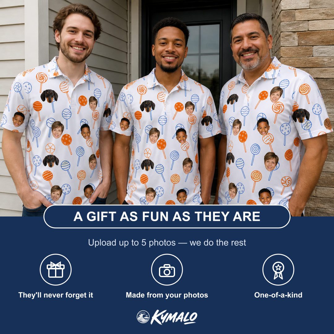 Friends in matching Men's Taffy Twirl Custom Face Polo Shirt — a group gift photo