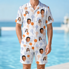 Model wearing Men's Taffy Twirl Custom Face Shirt & Shorts Set printed with kids' faces