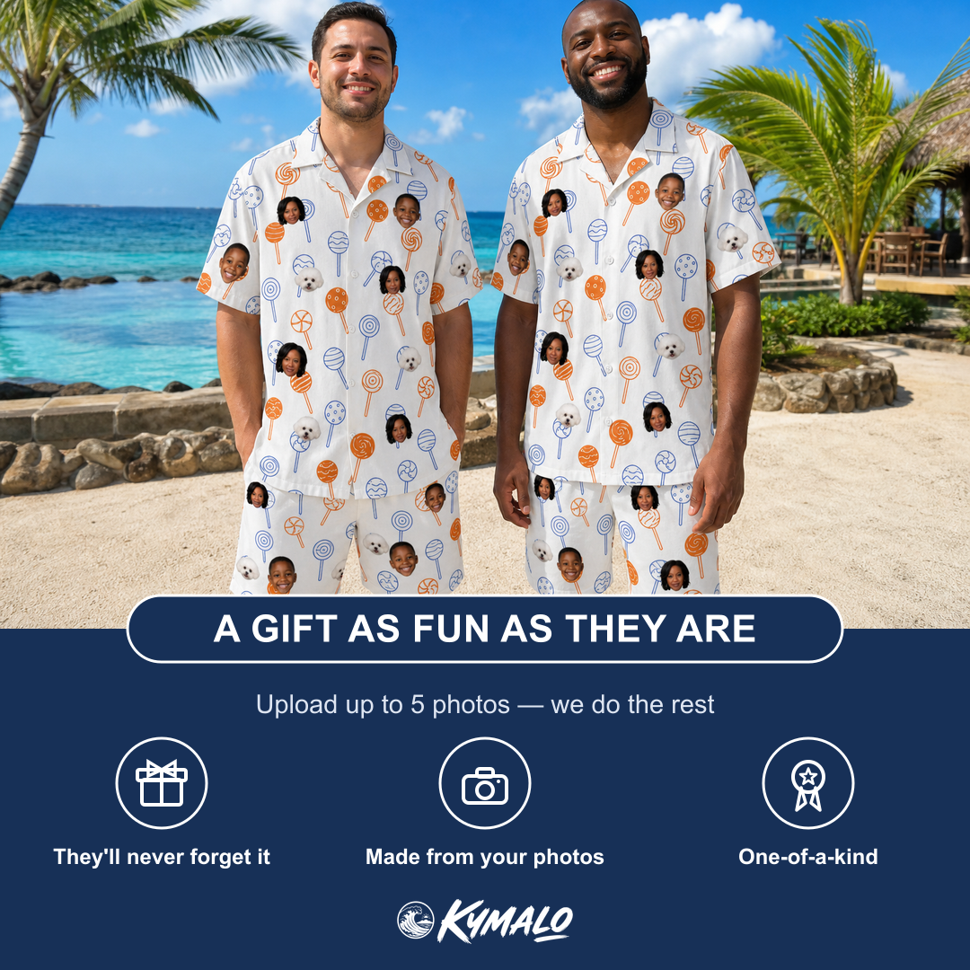 Friends in matching Men's Taffy Twirl Custom Face Shirt & Shorts Set — a group gift photo