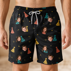 Model wearing Men's Hooray Hats Custom Face Beach Shorts printed with kids' faces