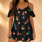 Model wearing Women's Hooray Hats Custom Face Off-Shoulder Dress printed with kids' faces