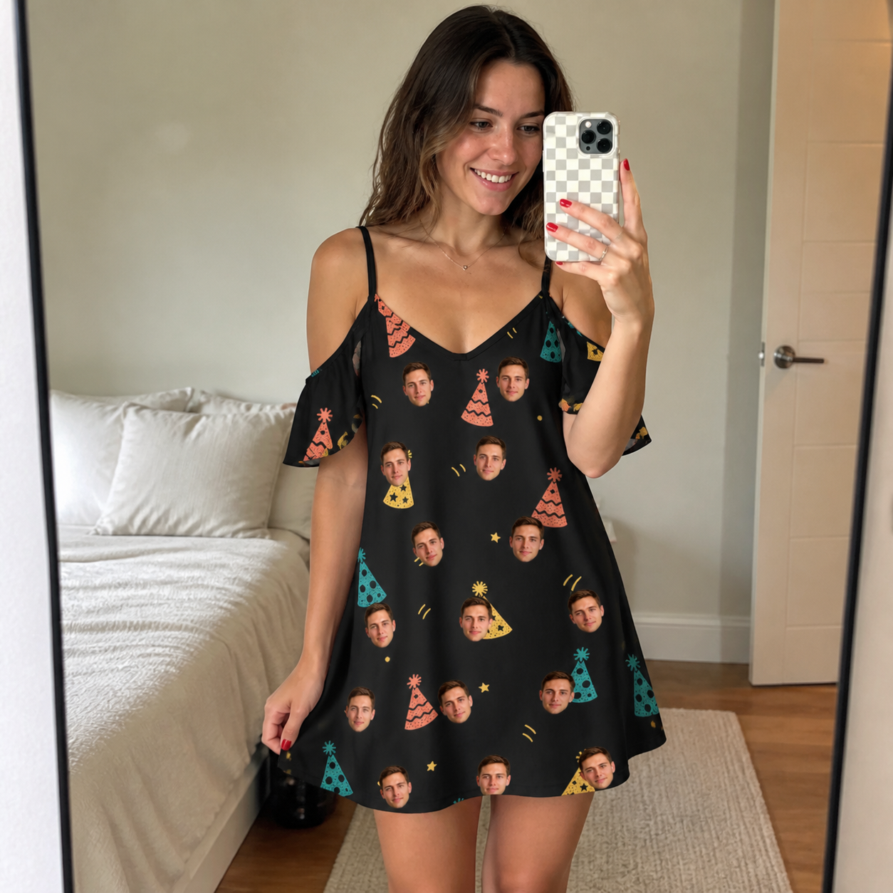 Real-life photo of someone wearing Women's Hooray Hats Custom Face Off-Shoulder Dress — custom faces printed all-over