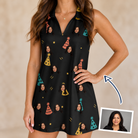 Woman wearing Women's Hooray Hats Custom Face V-Neck Dress — custom faces printed all-over