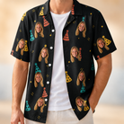 Man wearing Men's Hooray Hats Custom Face Hawaiian Shirt open over a white tee