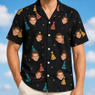Model wearing Men's Hooray Hats Custom Face Hawaiian Shirt printed with kids' faces