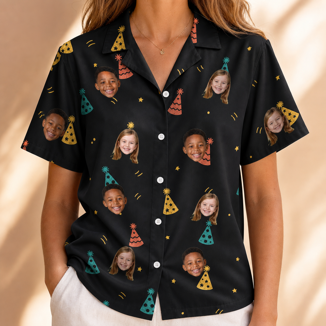 Model wearing Women's Hooray Hats Custom Face Hawaiian Shirt printed with kids' faces
