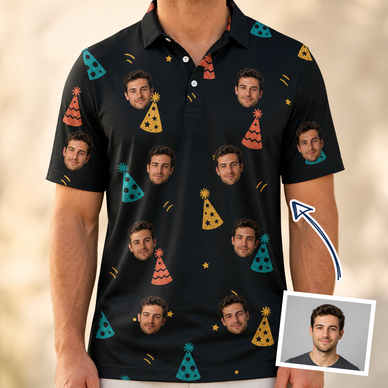 Man wearing Men's Hooray Hats Custom Face Polo Shirt — custom faces printed all-over