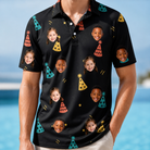 Model wearing Men's Hooray Hats Custom Face Polo Shirt printed with kids' faces
