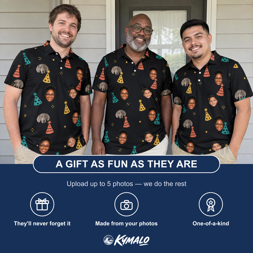 Friends in matching Men's Hooray Hats Custom Face Polo Shirt — a group gift photo