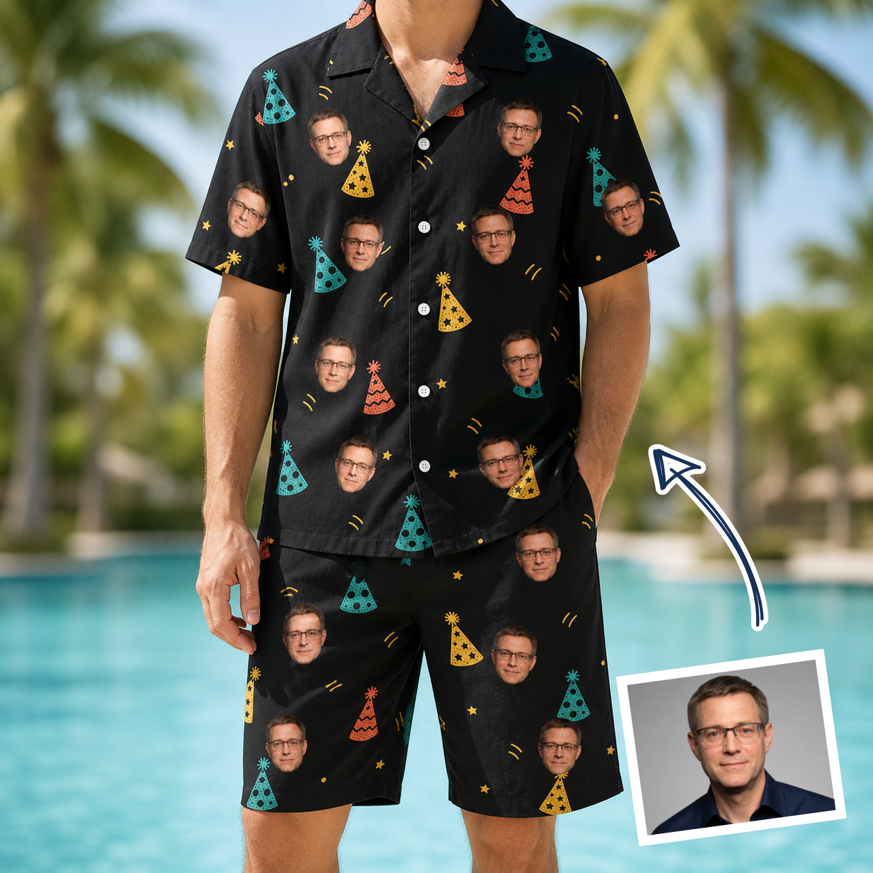 Man wearing Men's Hooray Hats Custom Face Shirt & Shorts Set — custom faces printed all-over