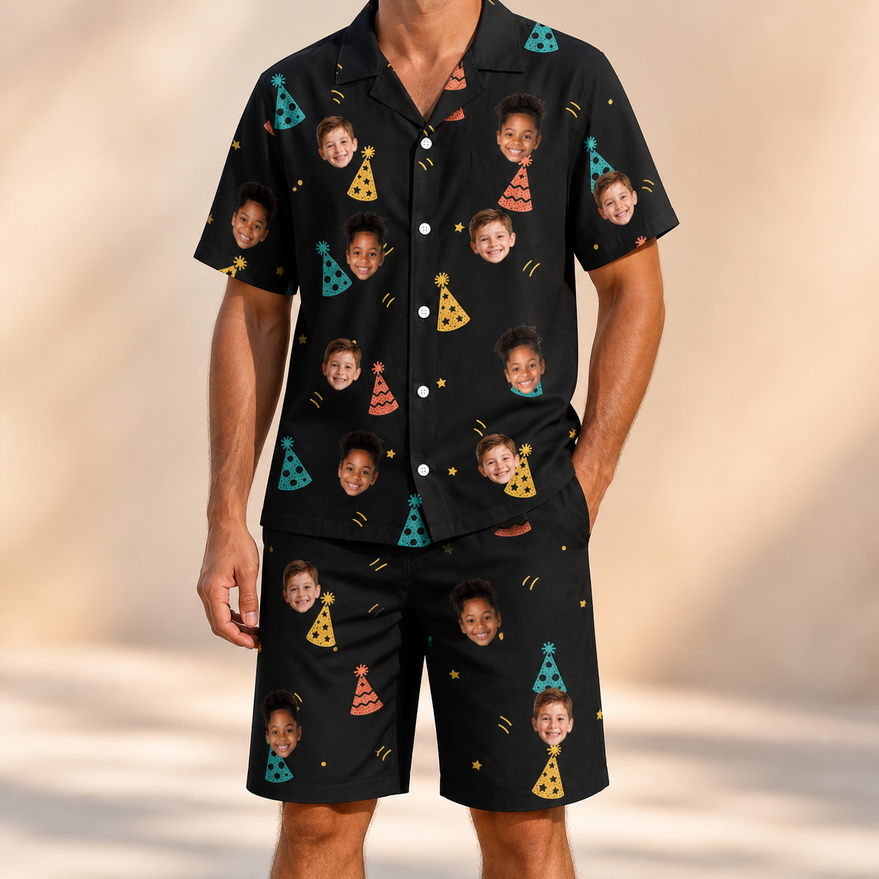 Model wearing Men's Hooray Hats Custom Face Shirt & Shorts Set printed with kids' faces