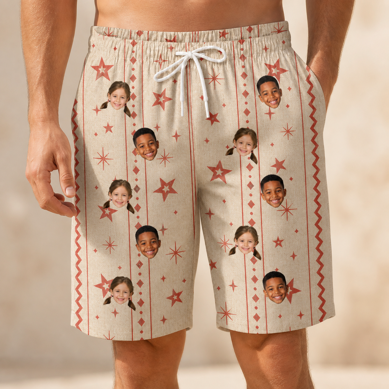 Model wearing Men's Glow Gala Custom Face Beach Shorts printed with kids' faces